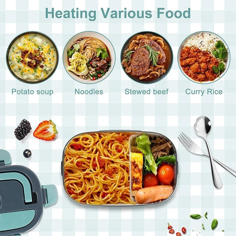 2 in 1 Home Car Electric Lunch Box Food Heating Bento Box 304 Stainless Steel Liner Food Container Heated Warmer Portable Set